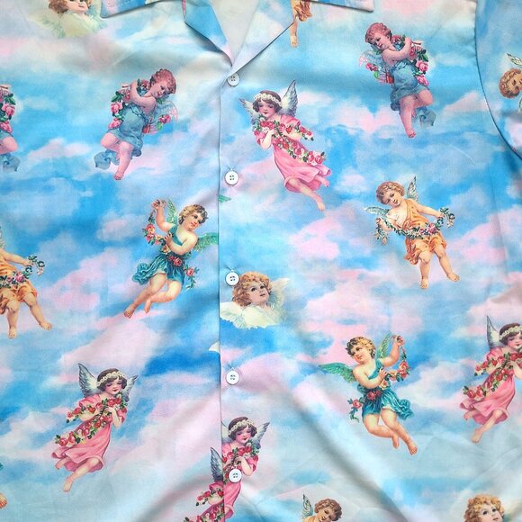 blue short sleeve button down shirt with all over baby angel print, size L - Picture 3 of 7